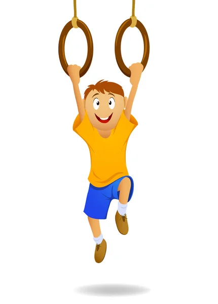 Щасливий мультяшний хлопчик висить на гімнастичних кільцях — стоковий вектор
