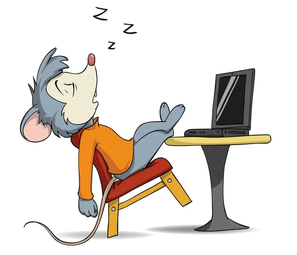 Cartoon slapende muis op stoel met laptop — Stockvector