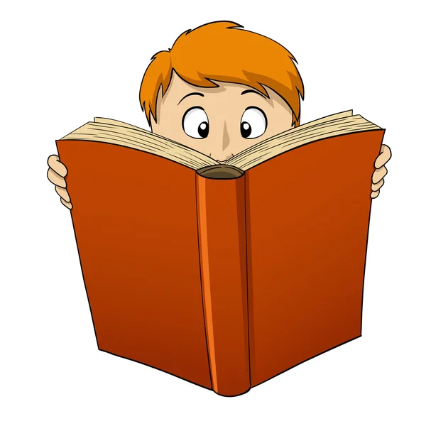 Cartoon boy reading big book — Stock Vector