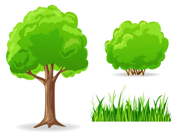 Uppsättning av cartoon gröna växter. träd, buske, gräs. Vektorgrafik