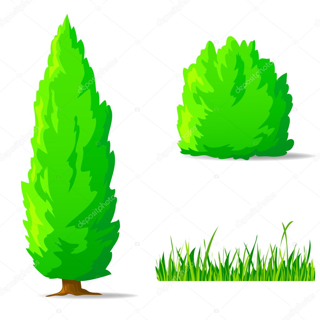 Set of cartoon green plants. Vertical tree, bush, grass.