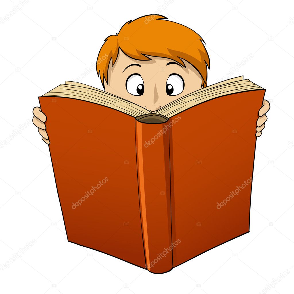 Cartoon boy reading big book