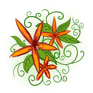 Orange flowers with green leaves and abstract pattern clipart