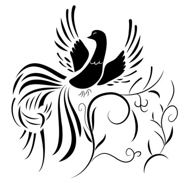 Silhouette of fantasy bird with abstract plants clipart