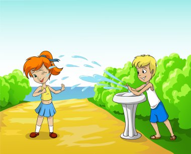 Kids play with water in summer day clipart