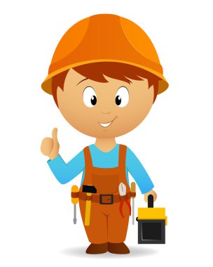 Cartoon handyman with tools belt and toolbox clipart