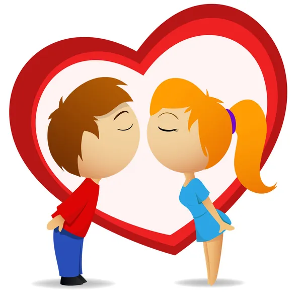 Menino e menina indo para beijar com forma de coração —  Vetores de Stock