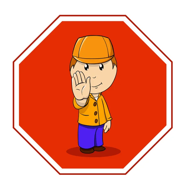 Cartoon warning sign stop with man in orange — Stock Vector