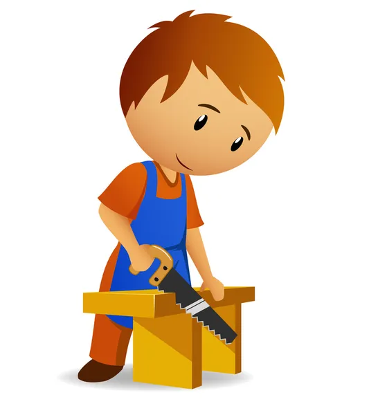Carpintero cortando el panel de madera con sierra manual — Vector de stock