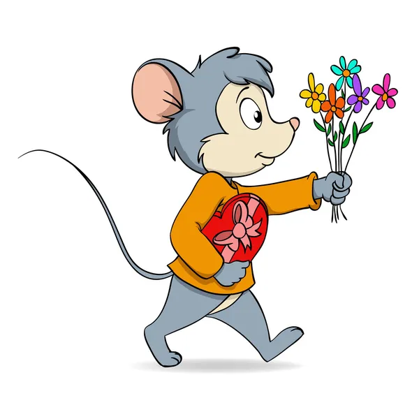 Ratón lindo de dibujos animados con caja de regalo de corazón y flores — Vector de stock