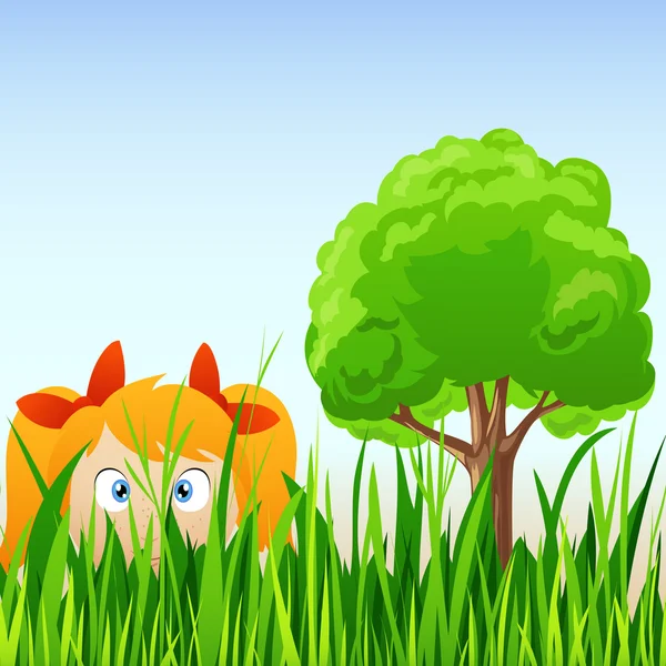 Cartone animato bambina nascondere in erba — Vettoriale Stock