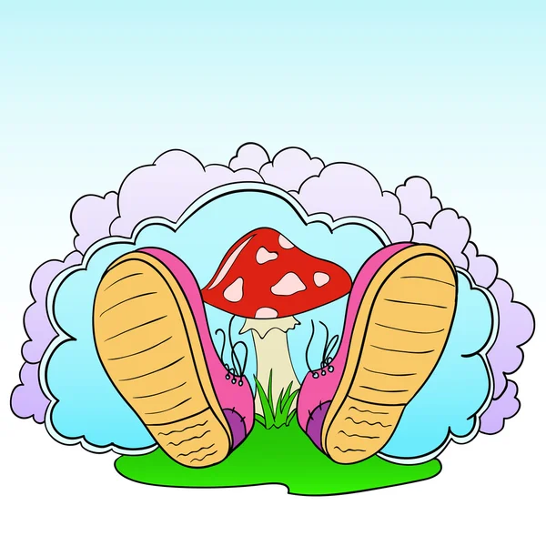 在背景上的毒蘑菇卡通粉红鞋 — 图库矢量图片