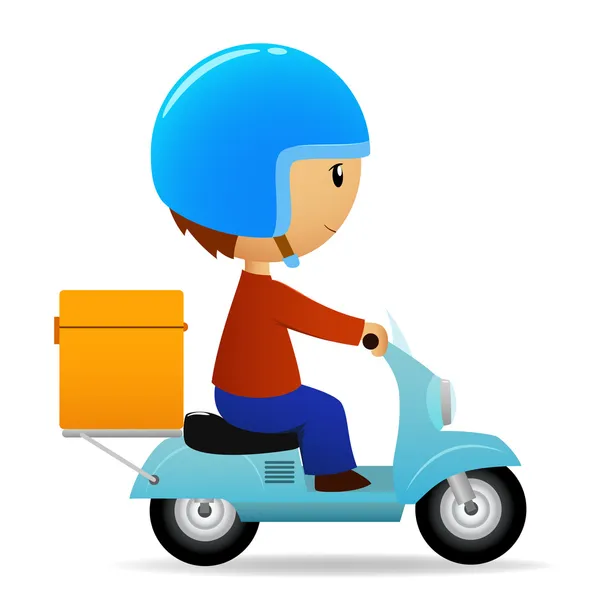 Entrega scooter de dibujos animados con gran caja naranja — Vector de stock