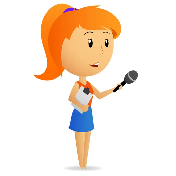 Tecknad flicka kvinnlig reporter håller mikrofon — Stock vektor