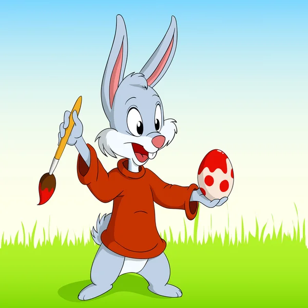 Zeichentrick-Osterhase bemalt das Ei — Stockvektor