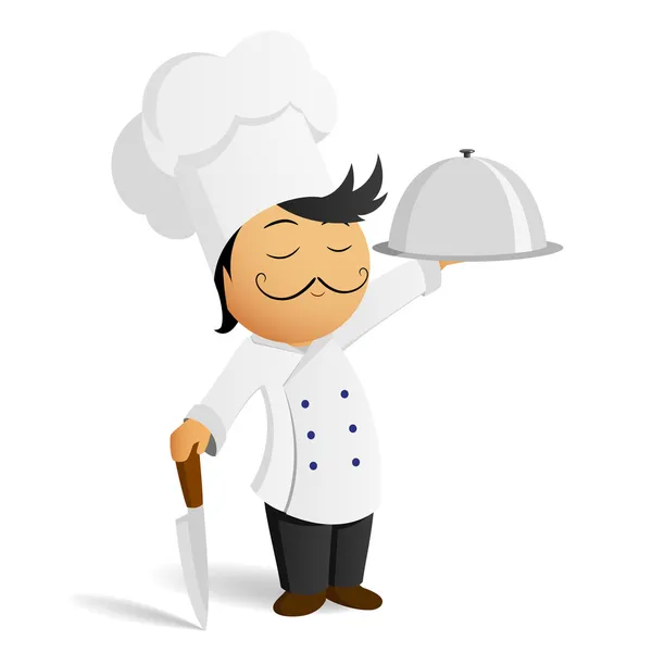 Γελοιογραφία σεφ στο λευκό καπέλο με το μαχαίρι και το πιάτο — Διανυσματικό Αρχείο