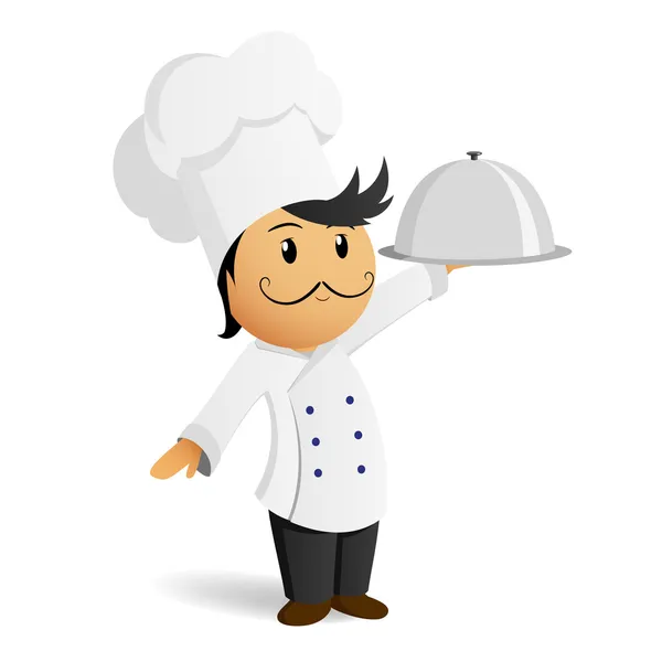 Мультяшний шеф-кухар у білому капелюсі з стравою — стоковий вектор