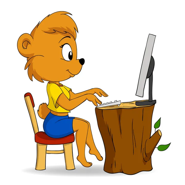Lindo oso de dibujos animados hembra escribiendo en el ordenador — Archivo Imágenes Vectoriales