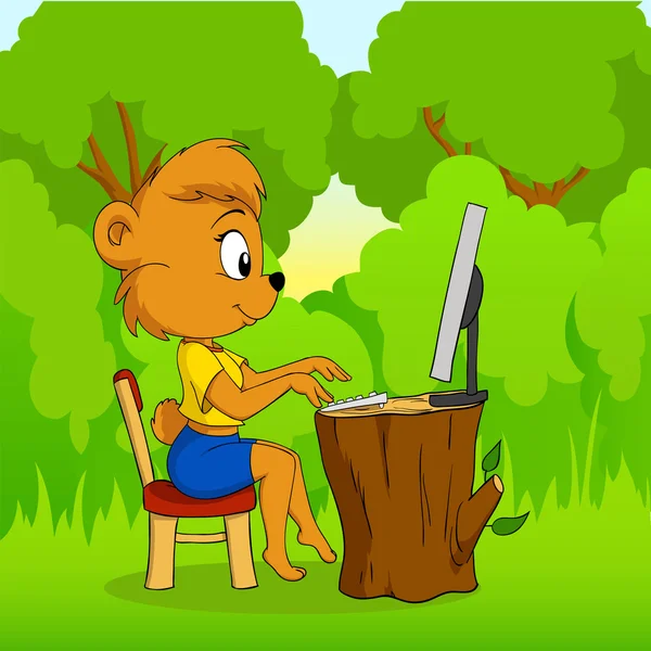 Cute female cartoon bear typing on computer in forest — Stock Vector