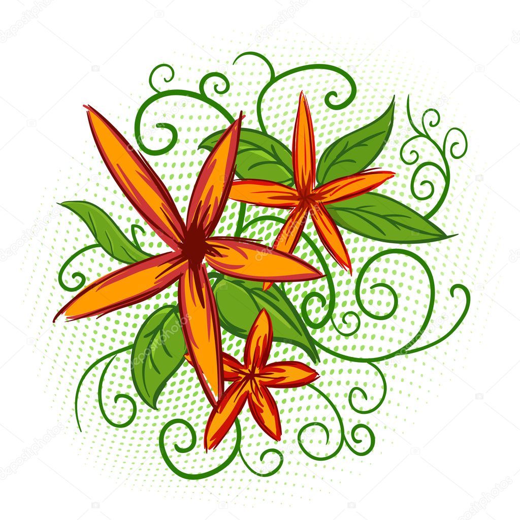 Orange flowers with green leaves and abstract pattern