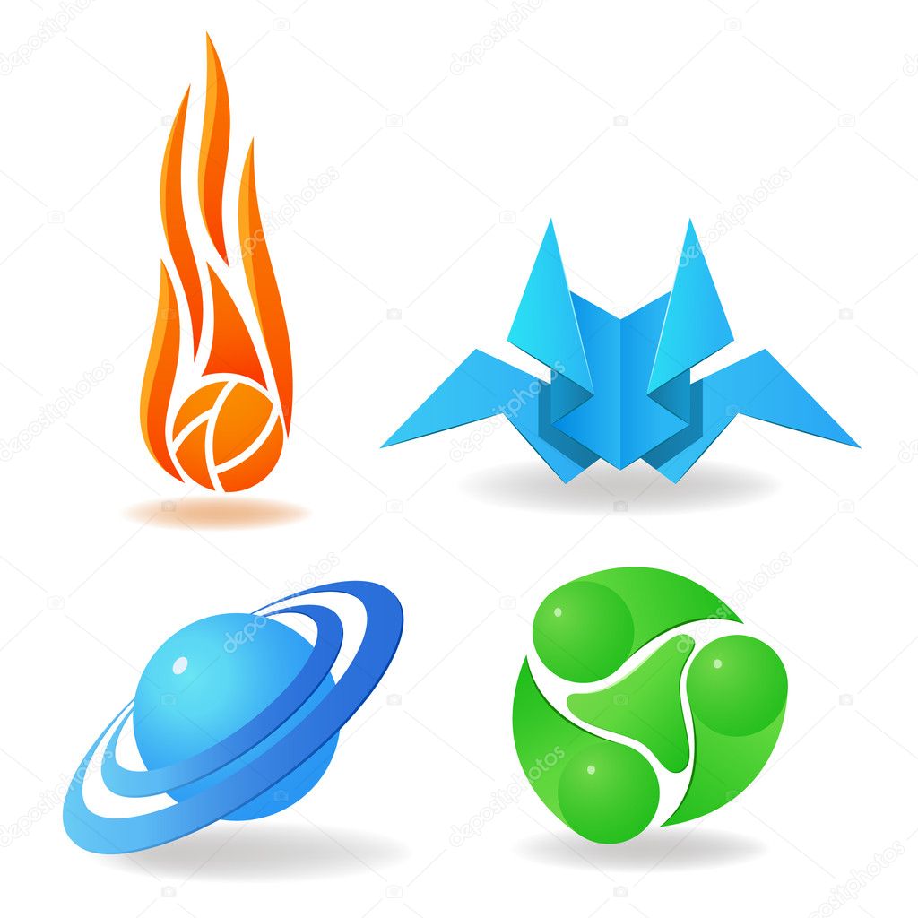 Set of abstract symbols, sphere, flame, green