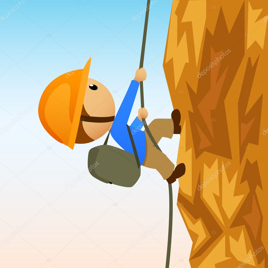Cartoon rock climber on vertical cliffside