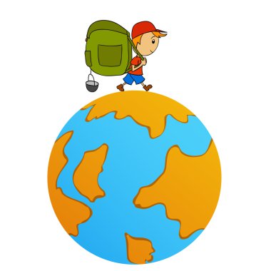 Cartoon travel man with backpack around world clipart