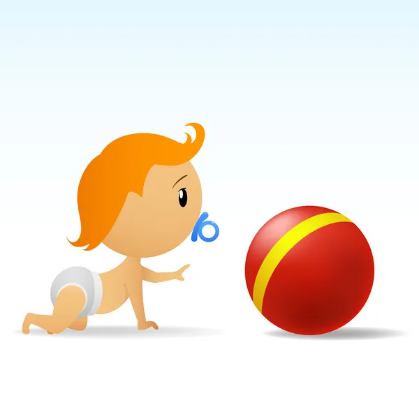 Karikatur niedliches Baby kriecht zu rotem Ball — Stockvektor