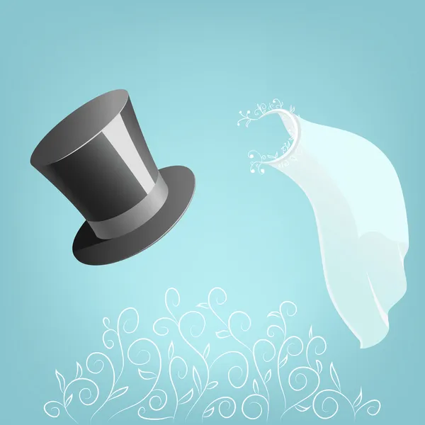 Top hat and wedding veil with floral ornament — Stock Vector