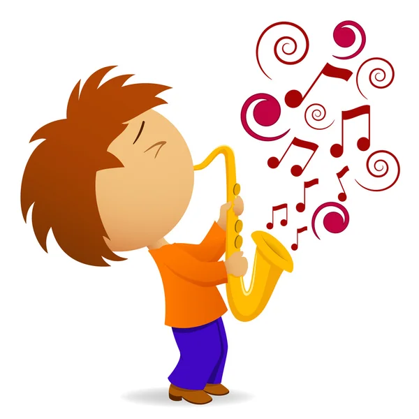 Cartoon saxophonist with abstract music note — Stock Vector