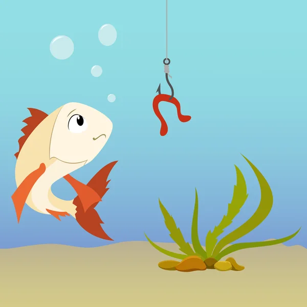 Peixe dos desenhos animados subaquático e minhoca no gancho — Vetor de Stock