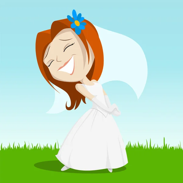 Desenhos animados noiva feliz na grama verde — Vetor de Stock