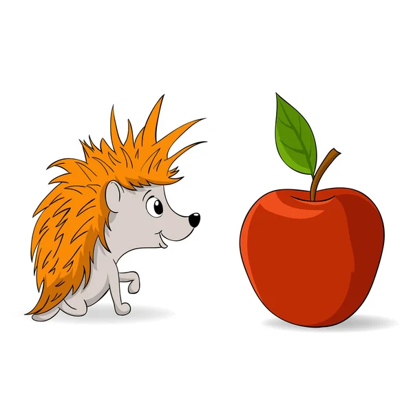 漫画の小さなハリネズミと赤いりんご — ストックベクタ