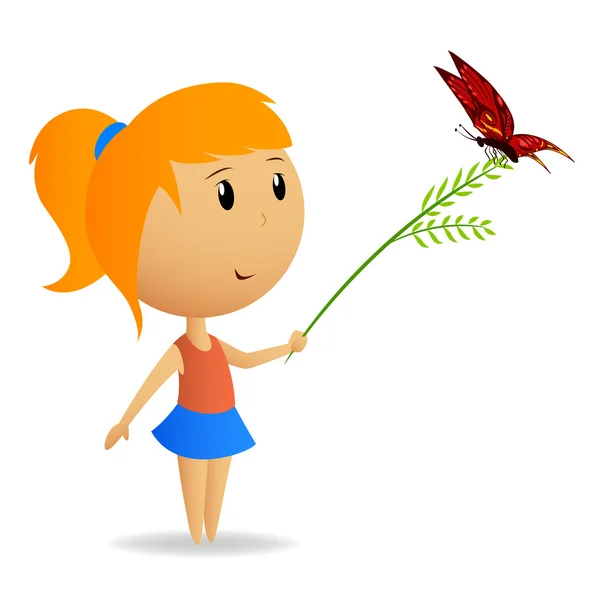Cute little girl with green branch with butterfly — Stock Vector