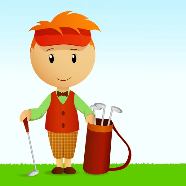 Cartoon young man with bag of golf clubs — Stock Vector