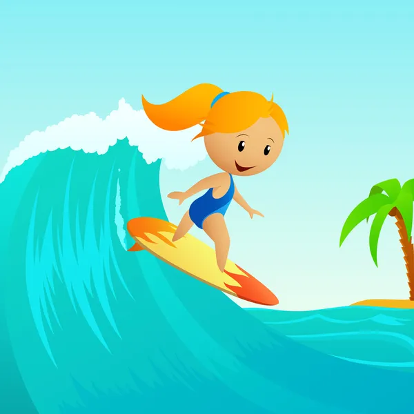 Cartoon schattig klein meisje surfen op de golven — Stockvector