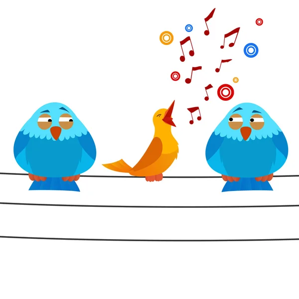 Uccello dei cartoni animati seduto sul filo con cantare uno — Vettoriale Stock