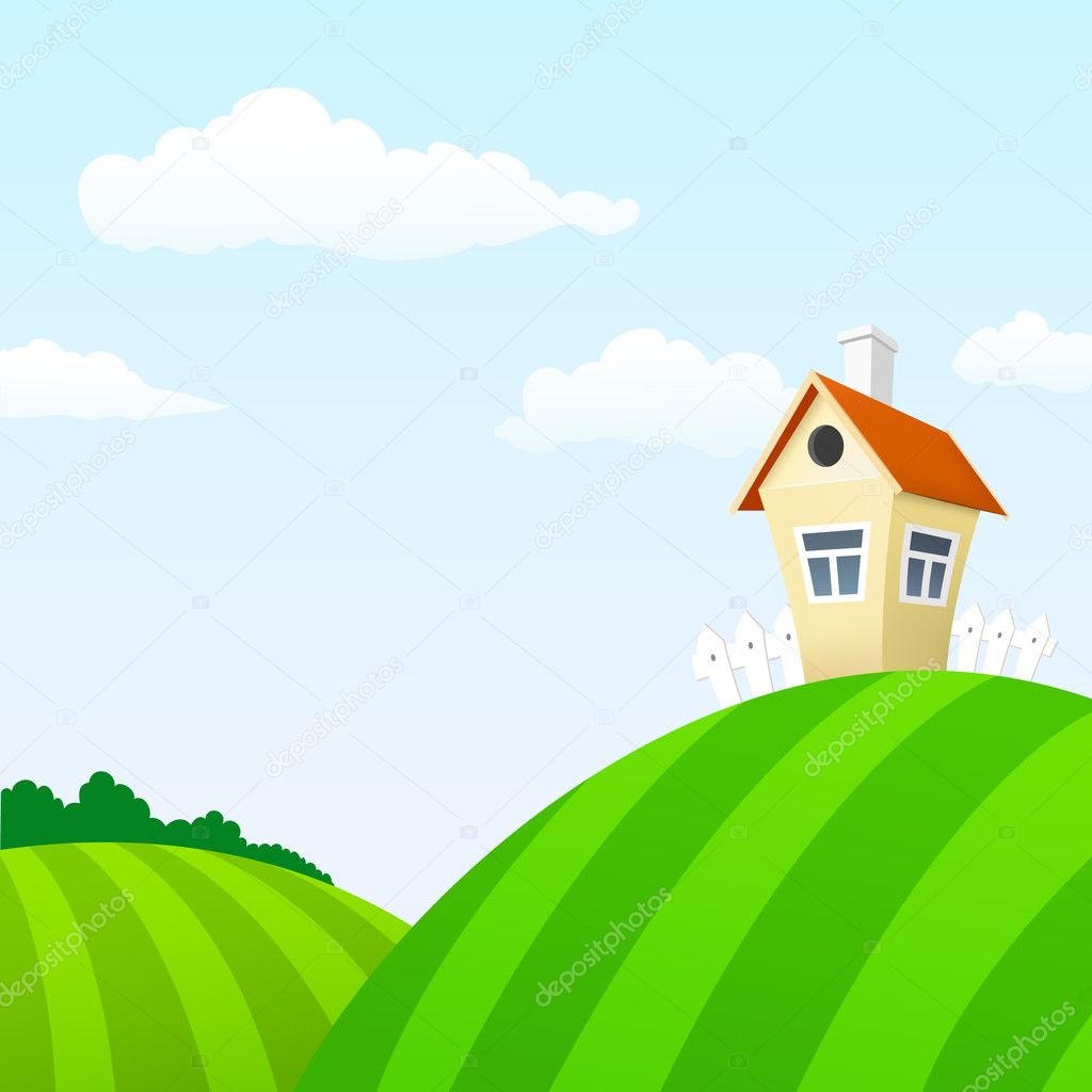 Cartoon nature landscape with house