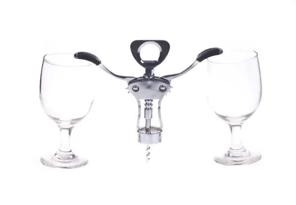 Wine opener and glasses — Stock Photo, Image