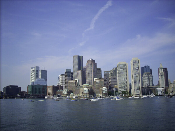 Skyline of Boston Harbor coming in from a ferry
