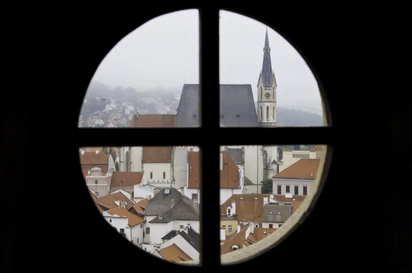 Medival European city through a window — Stock Photo, Image