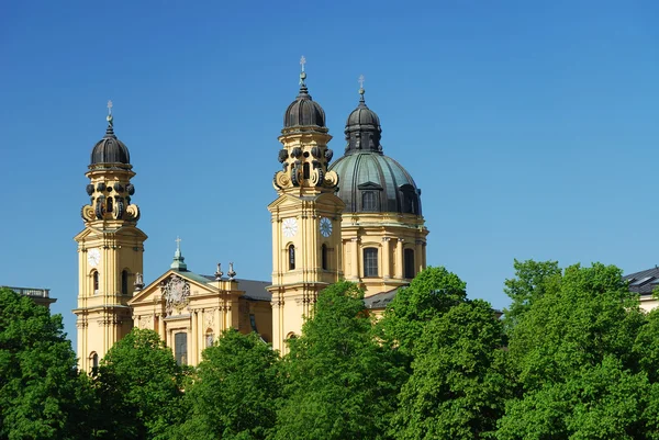 Münih'teki theatiner kiliseyle çiçekli ağaçlar — Stok fotoğraf