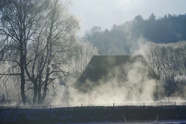 Foggy winter morning with an old house — Stock Photo, Image