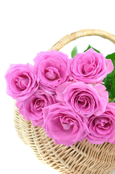 Pink Roses in a Wicker Basket — Stock Photo, Image