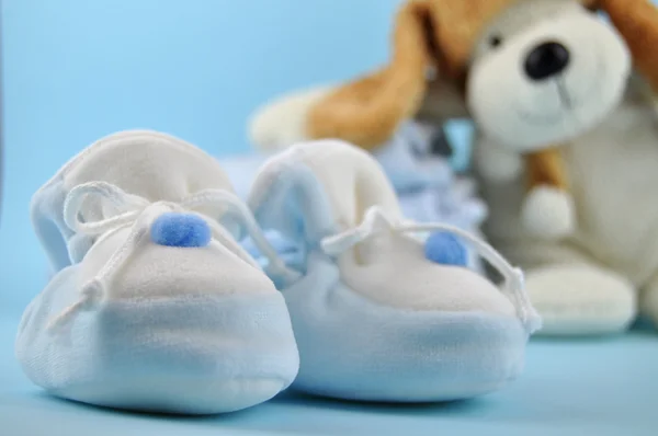 Baby Slippers and Toy Dog — Stock Photo, Image