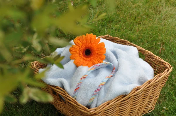 Мокрый цветок на голубом детском одеяле — стоковое фото