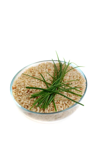 Ρύζι ολικής αλέσεως και φρέσκα πράσα — Φωτογραφία Αρχείου