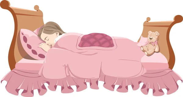 Kleines Mädchen schläft im rosa Bett. — Stockvektor