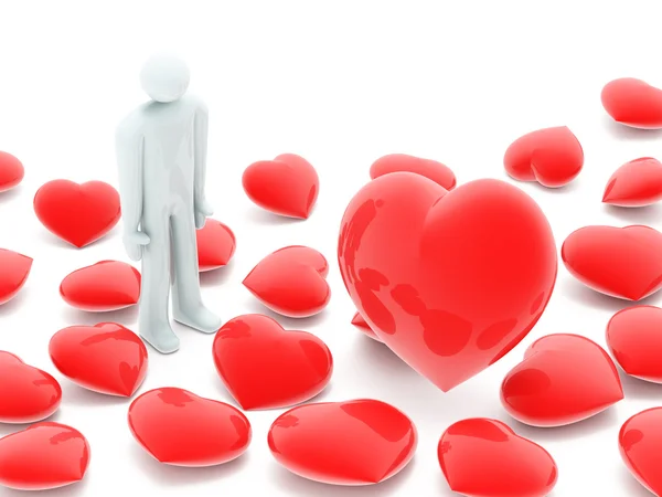 Man and many beautiful red hearts — Stock Photo, Image