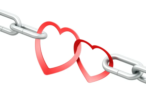 Cadena de acero con dos corazones rojos unidos —  Fotos de Stock